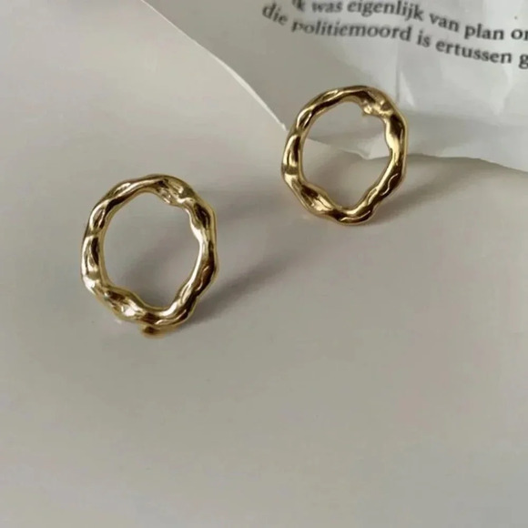 Circle and Wave 925 Sterling Silver Earrings 14K Gold Plated  925 Sterling Silver Minimalist Small Irregular Wavy Circle Stud Earrings